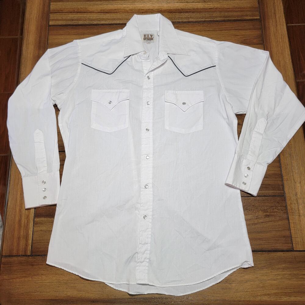 Ely Cattleman LS White Pearl Snap Western Shirt w/ Black Trim - Size Medium
